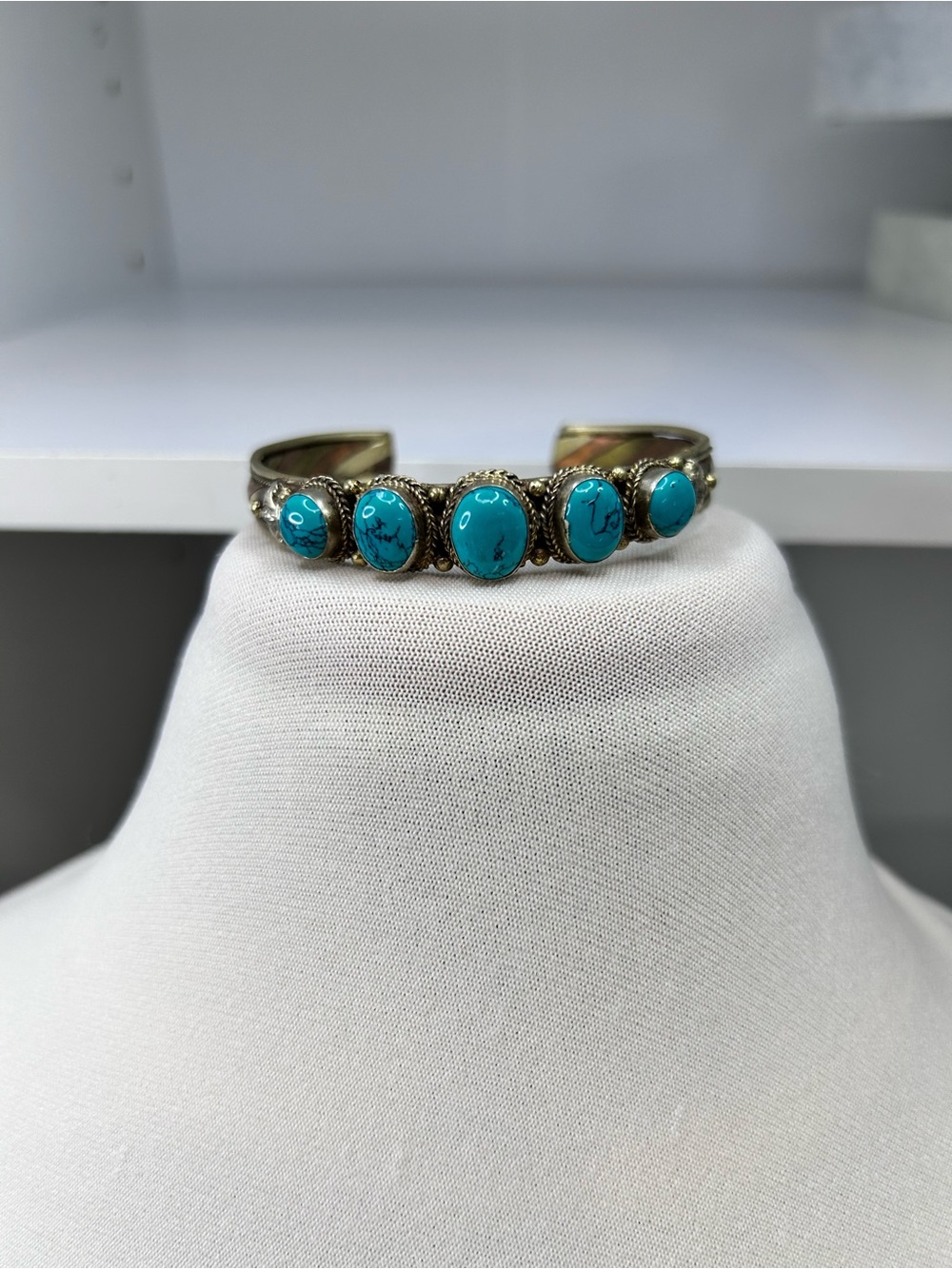 Vintage Tuareg brass copper Turquoise Stone Cuff Bracelet
